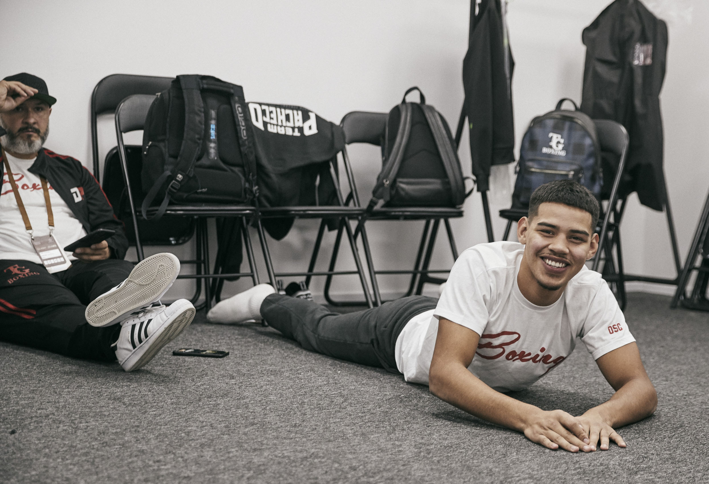 Diego Pacheco Dressing Room Backstage relaxed Saudi Arabia © Mark Robinson Photographer Matchrrom Boxing 2019.