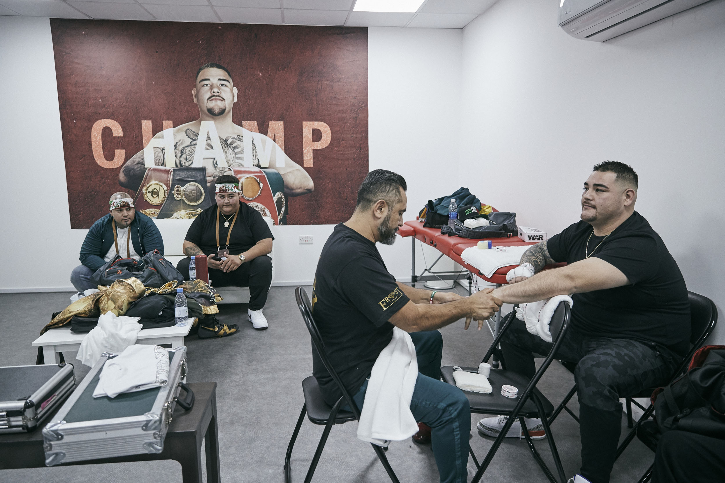 Andy Ruiz Jr Hands Wrapped Dressing Room Backstage Saudi Arabai Ruiz Joshua II © Mark Robinson Photographer Matchrrom Boxing 2019.