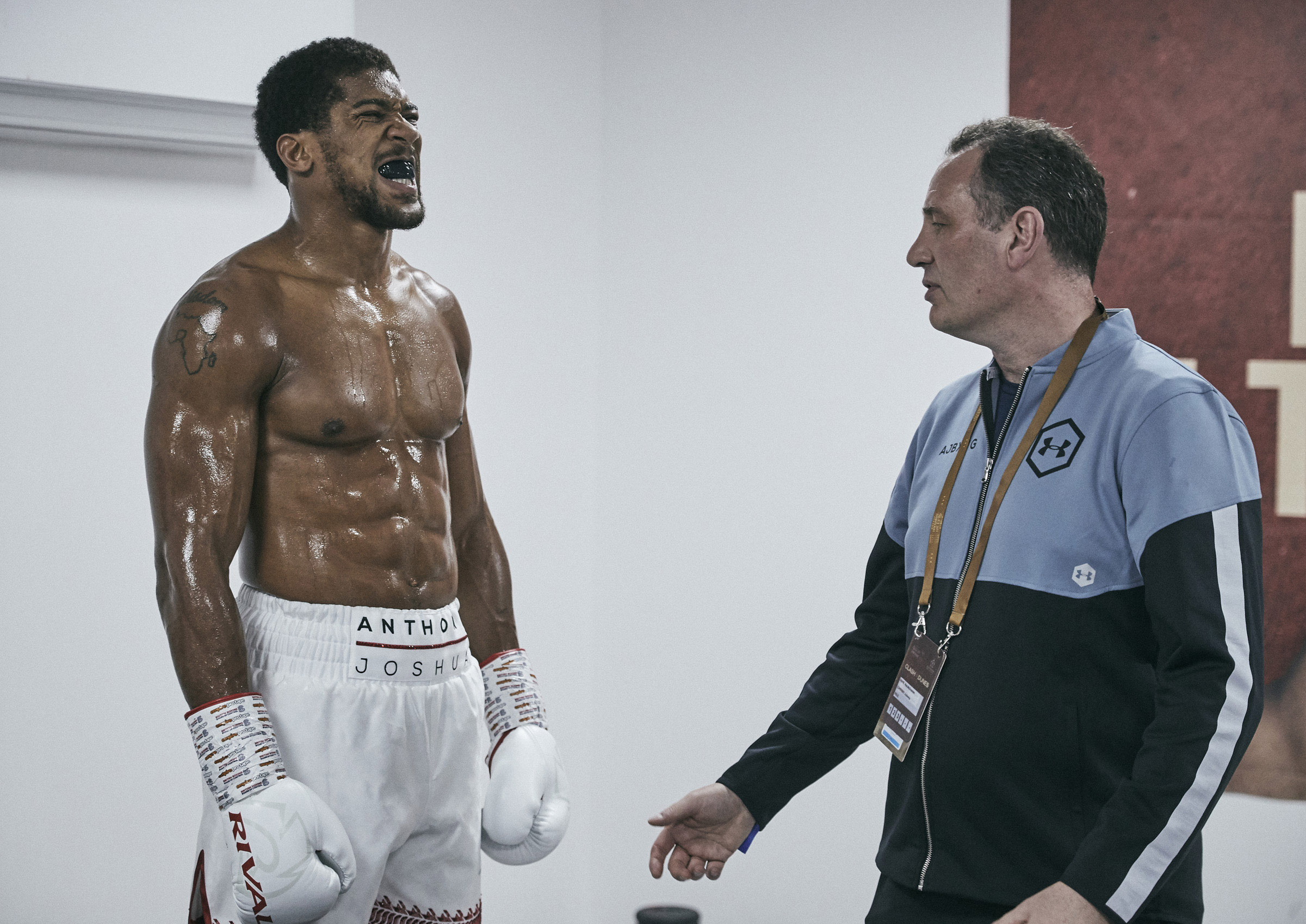Anthony Joshua Warm Up Backstage Rob McCracken coach final words Saudi Arabia © Mark Robinson Photographer Matchrrom Boxing 2019.